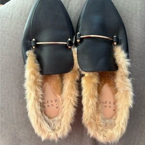 Black Loafer Mules with Faux Fur Trim